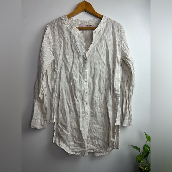 St Tropez 100% Linen Minimalist Sz SP Tunic Top blouse Gray/Gold striped - Picture 1 of 11
